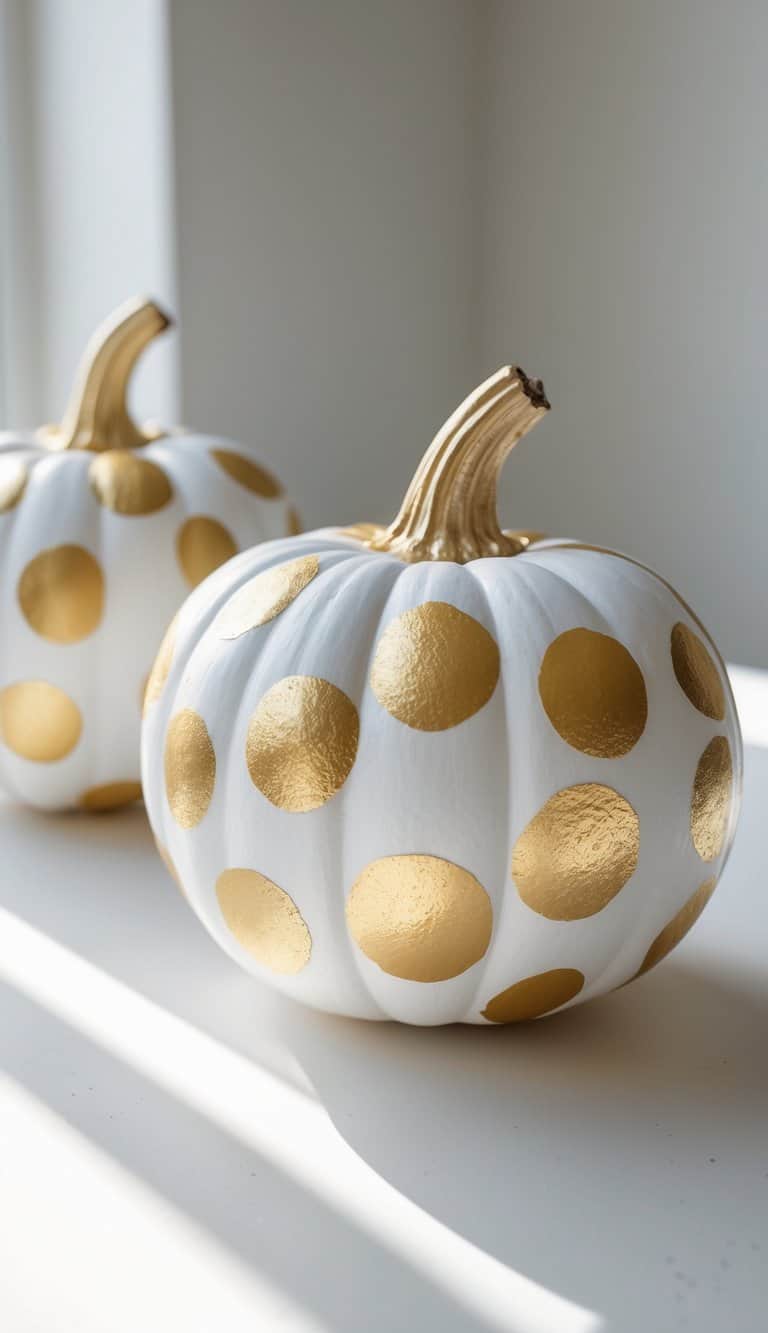 One to two white pumpkins with gold polka dots on a clean tabletop under soft daylight.