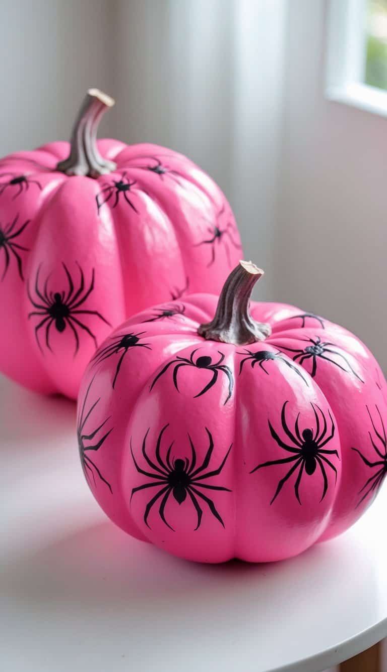 One to two hot pink pumpkins with black spider designs on a clean tabletop under soft daylight.
