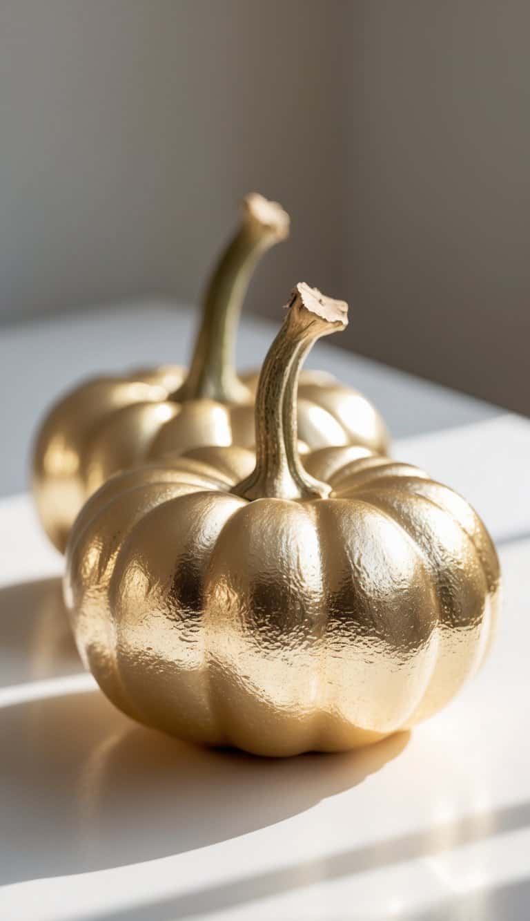 One to two mini pumpkins painted solid metallic gold placed on a clean tabletop.