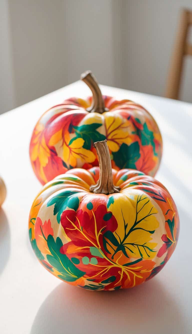 One to two pumpkins painted with colorful swirling autumn leaf designs on a clean tabletop.