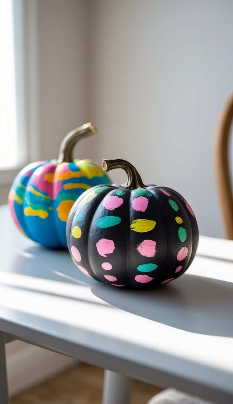 Close-up of one or two pumpkins painted with colorful chalkboard paint, displayed on a clean tabletop under soft daylight.