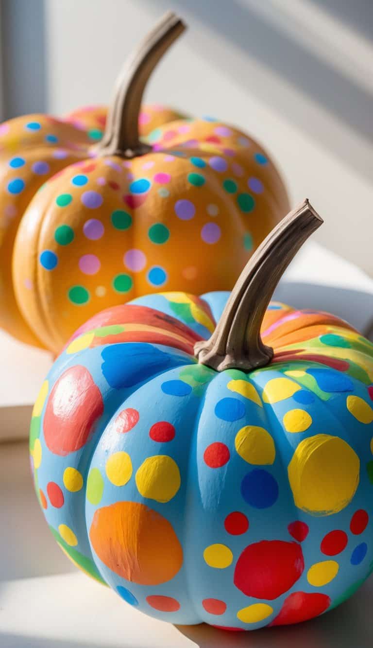 One to two pumpkins painted with bright colorful confetti dots on a tabletop.