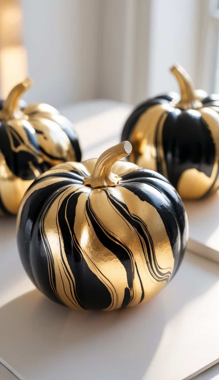 One or two pumpkins painted with black and gold marble patterns placed on a clean tabletop under soft daylight.