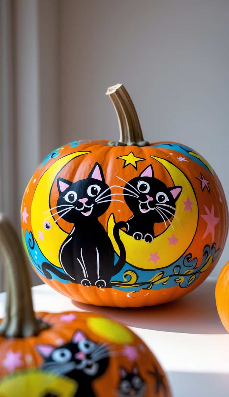 One to two pumpkins painted with black cats and crescent moon designs on a tabletop with soft daylight and a clean background.