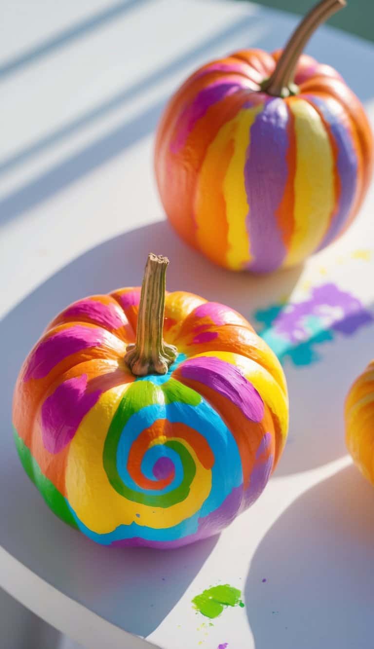 One to two pumpkins painted with bright rainbow tie-dye patterns on a clean tabletop.