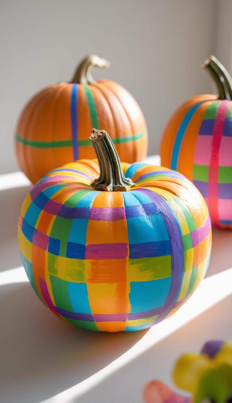 One to two pumpkins painted with colorful plaid patterns on a tabletop under soft daylight.