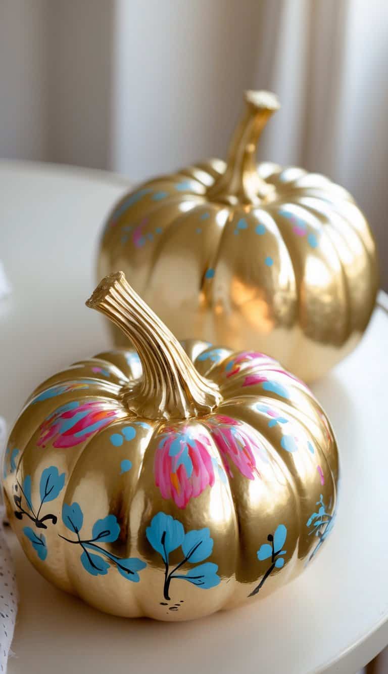 One to two gold-painted pumpkins with glossy surfaces arranged on a clean tabletop under soft daylight.