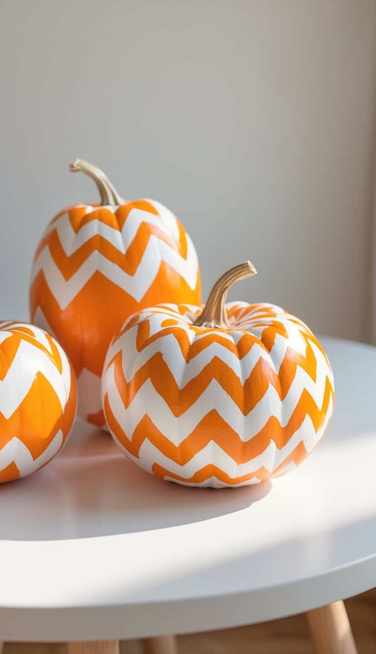 Close-up of one or two pumpkins painted with bright orange and white chevron patterns on a clean tabletop.
