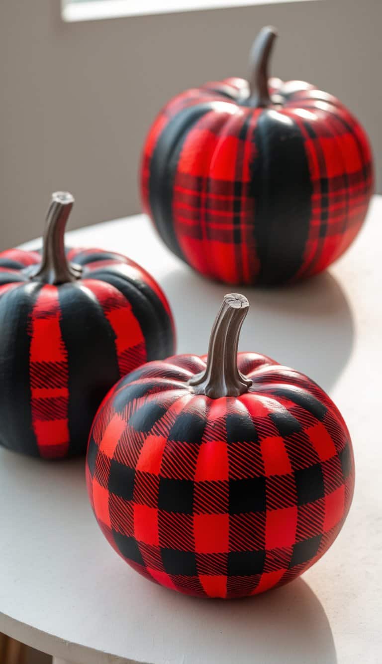 One to two pumpkins painted with red and black buffalo plaid patterns placed on a table in soft daylight.
