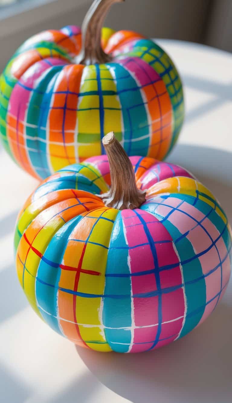 Close-up of one to two pumpkins painted with colorful plaid patterns sitting on a tabletop.