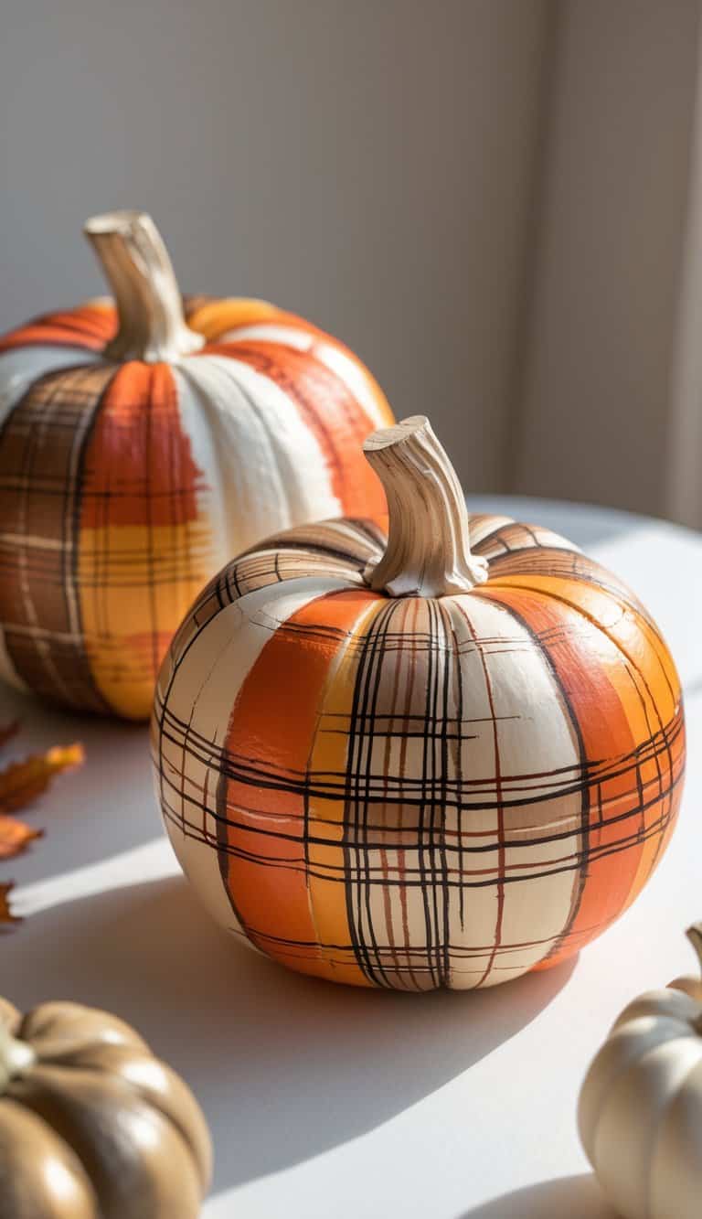 One to two painted pumpkins on a tabletop with plaid patterns in orange, brown, and cream colors.