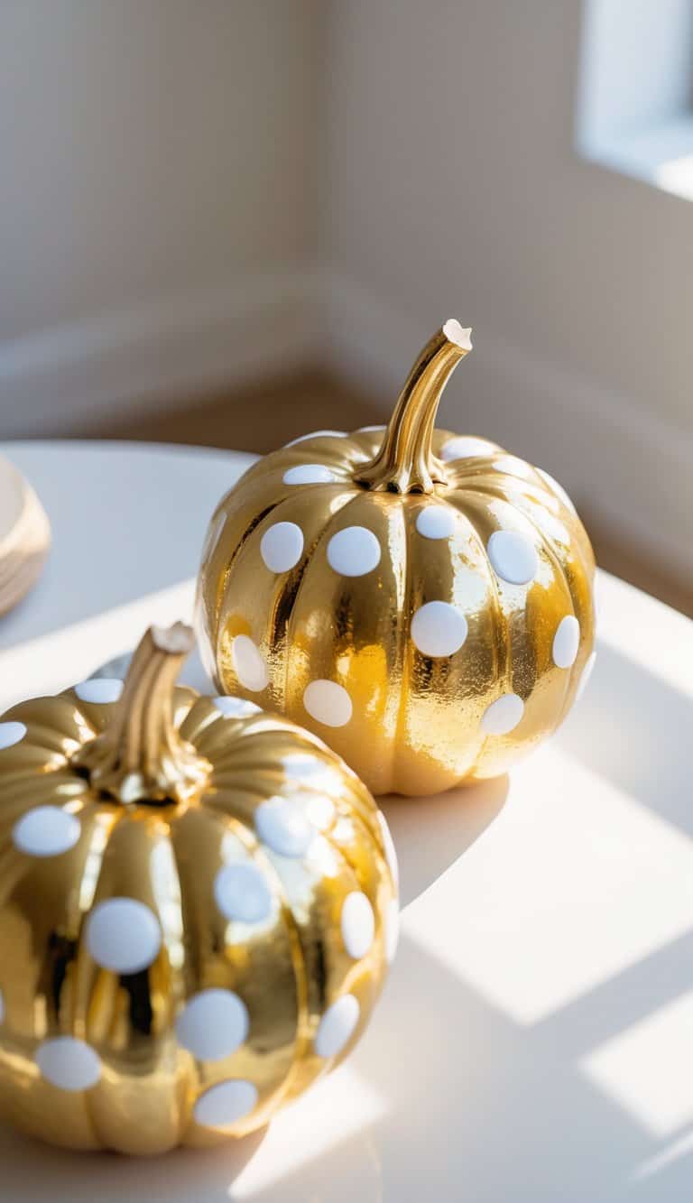 One or two pumpkins painted gold with white polka dots sitting on a tabletop with soft daylight.