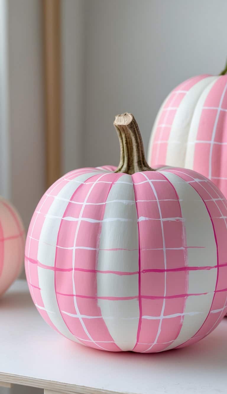 One to two pumpkins painted with a pink and white plaid pattern on a tabletop.