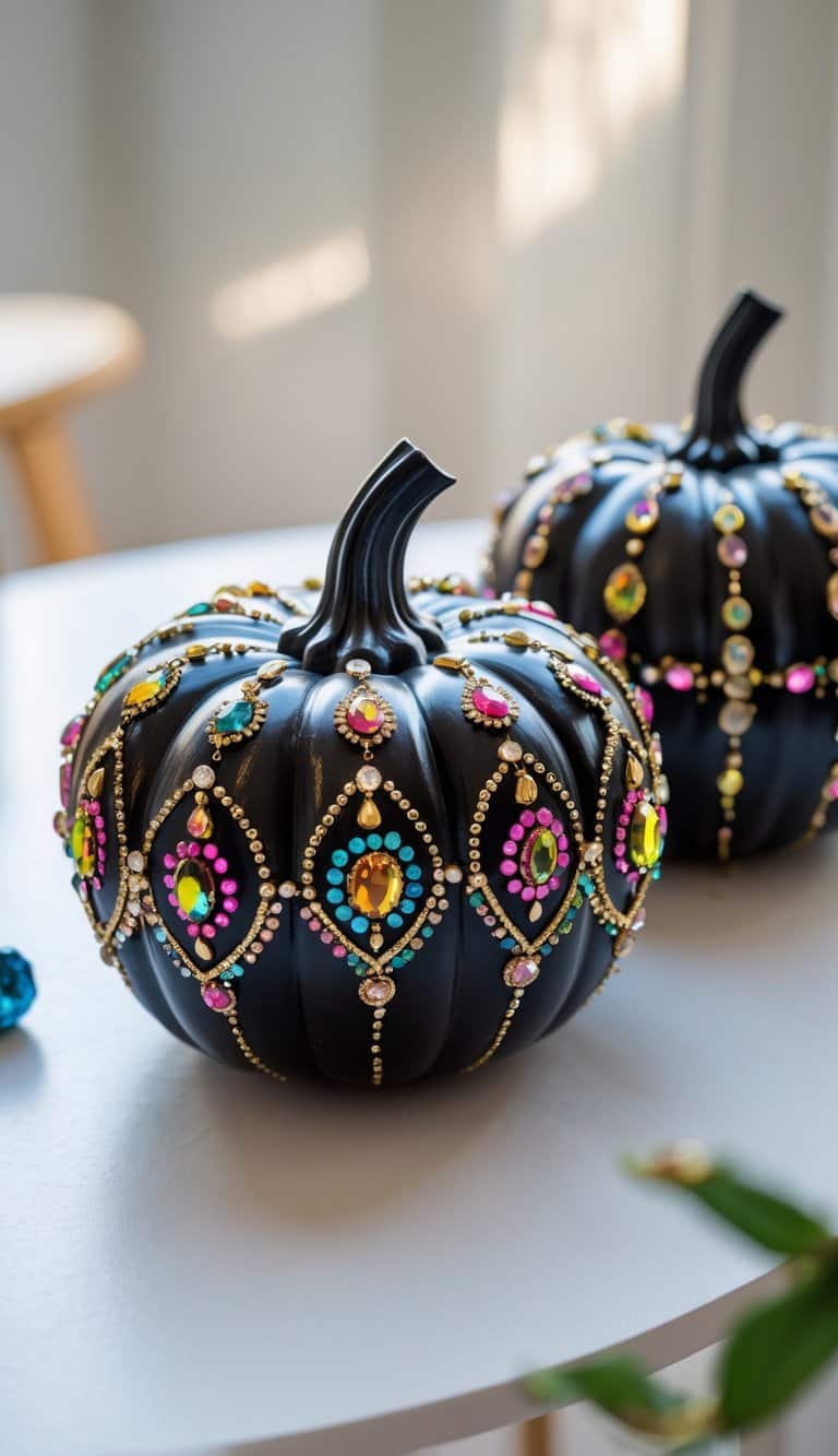 Close-up image of one to two black painted pumpkins decorated with colorful paint and jeweled accents on a plain tabletop.