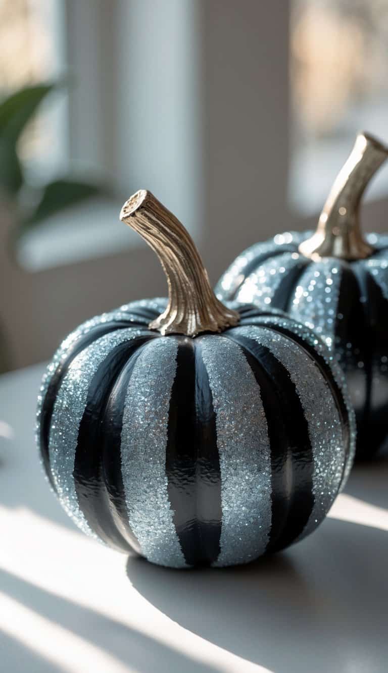 Close-up of one or two black pumpkins painted with silver glitter accents on a clean tabletop.