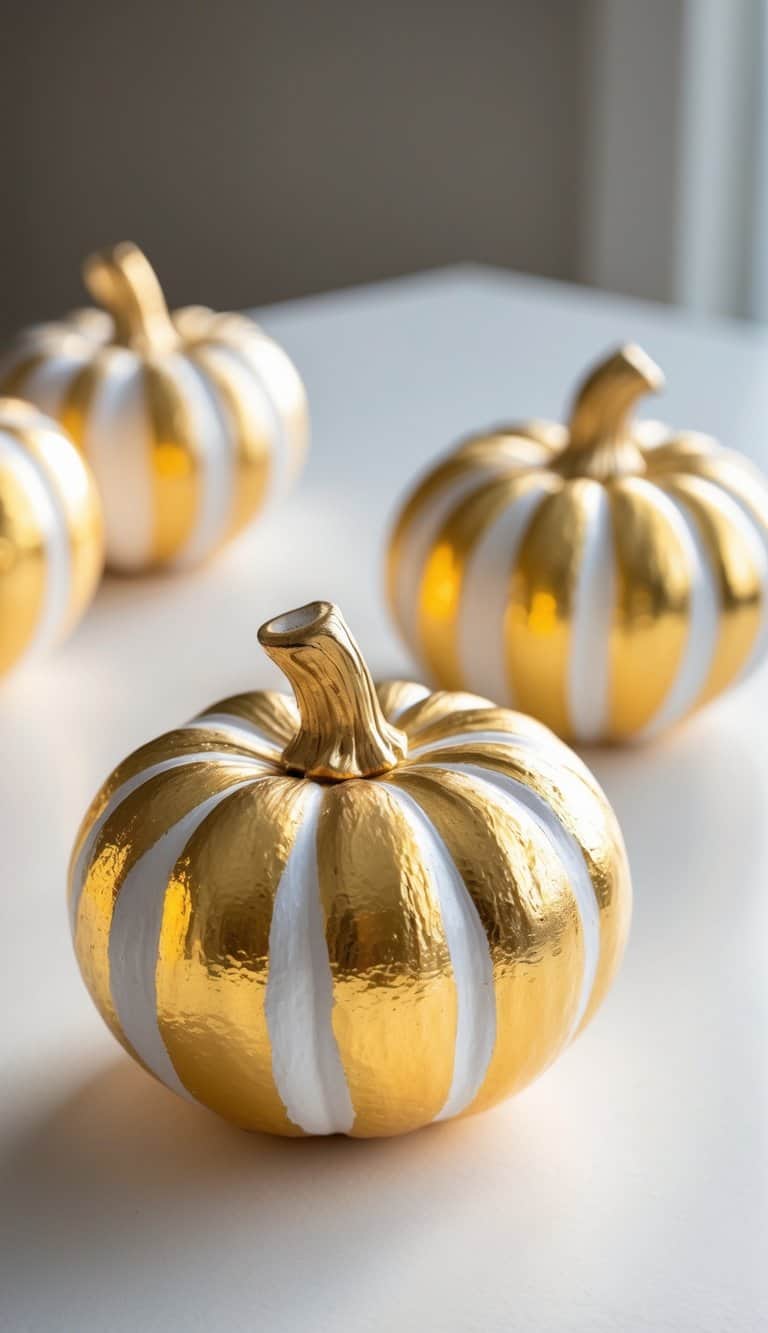 Close-up of one or two small pumpkins painted with gold stripes placed on a clean tabletop.