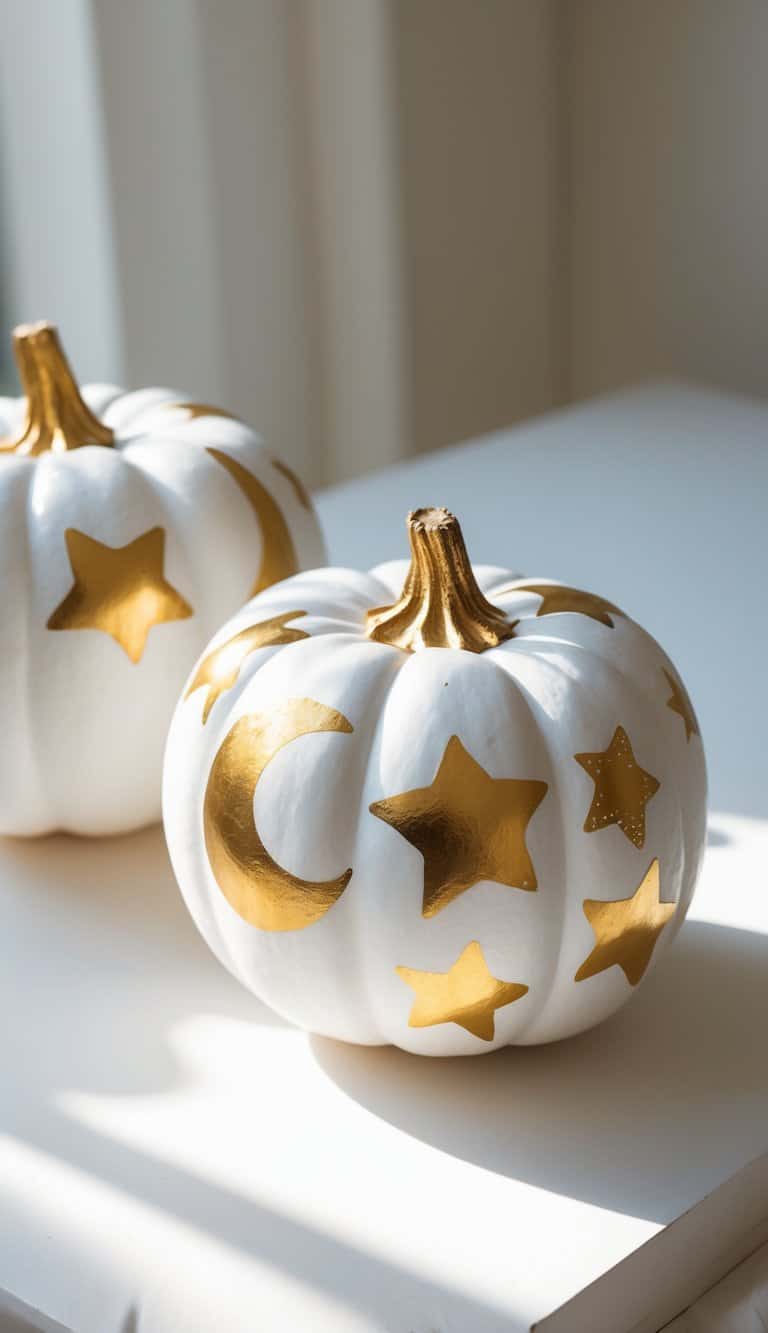 Close-up of one or two white pumpkins painted with gold stars and moons on a tabletop.
