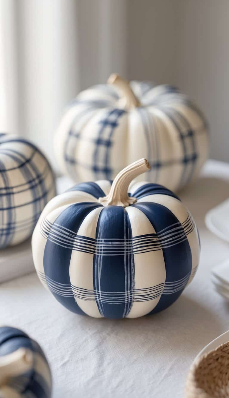 Close-up of one to two pumpkins painted with navy blue and cream plaid patterns on a tabletop.