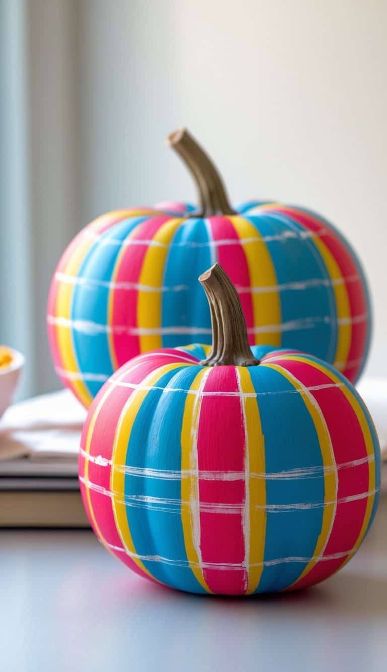 One to two pumpkins on a tabletop painted with colorful vertical and horizontal stripes forming a plaid pattern.