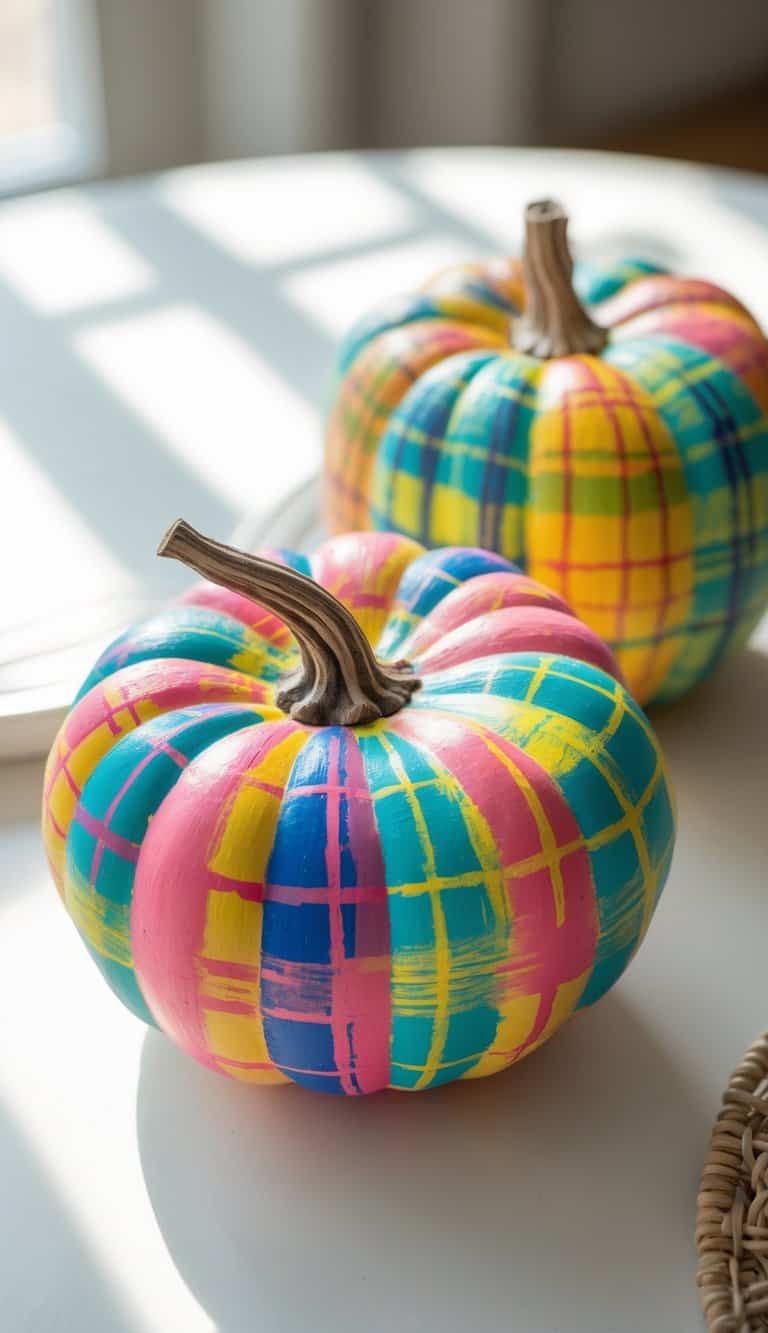 Close-up of one to two painted pumpkins with colorful plaid designs on a clean tabletop.