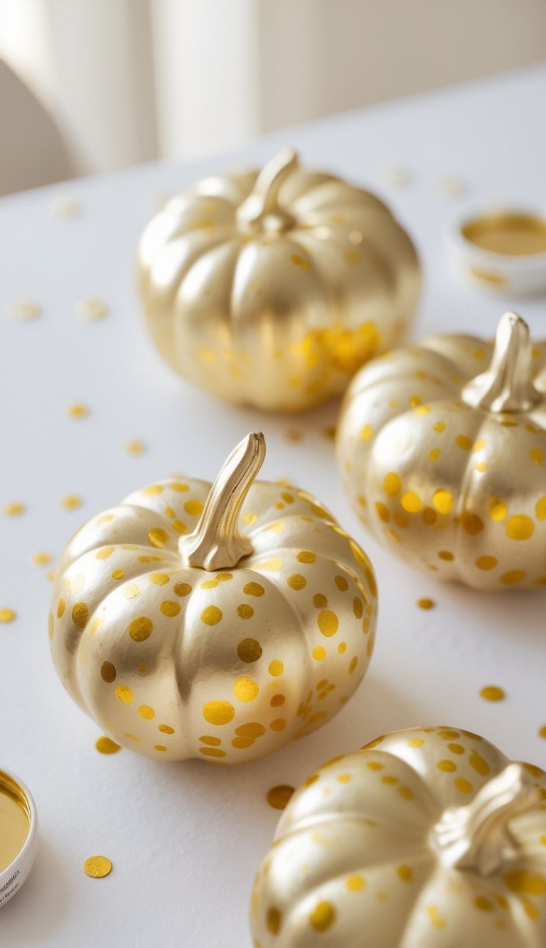 Close-up of one or two small gold-painted pumpkins with hand-drawn gold confetti dots on a clean tabletop.