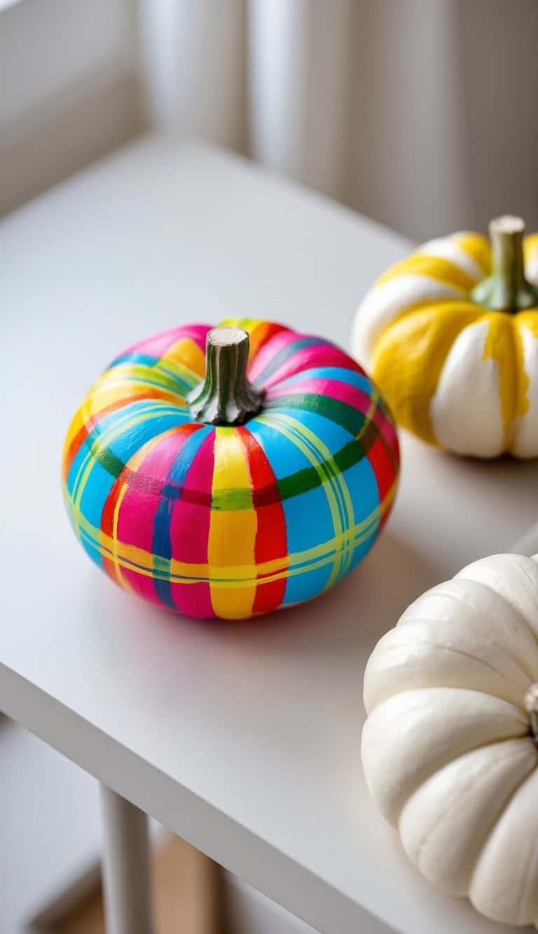 One to two small pumpkins painted with colorful plaid patterns placed on a plain tabletop.