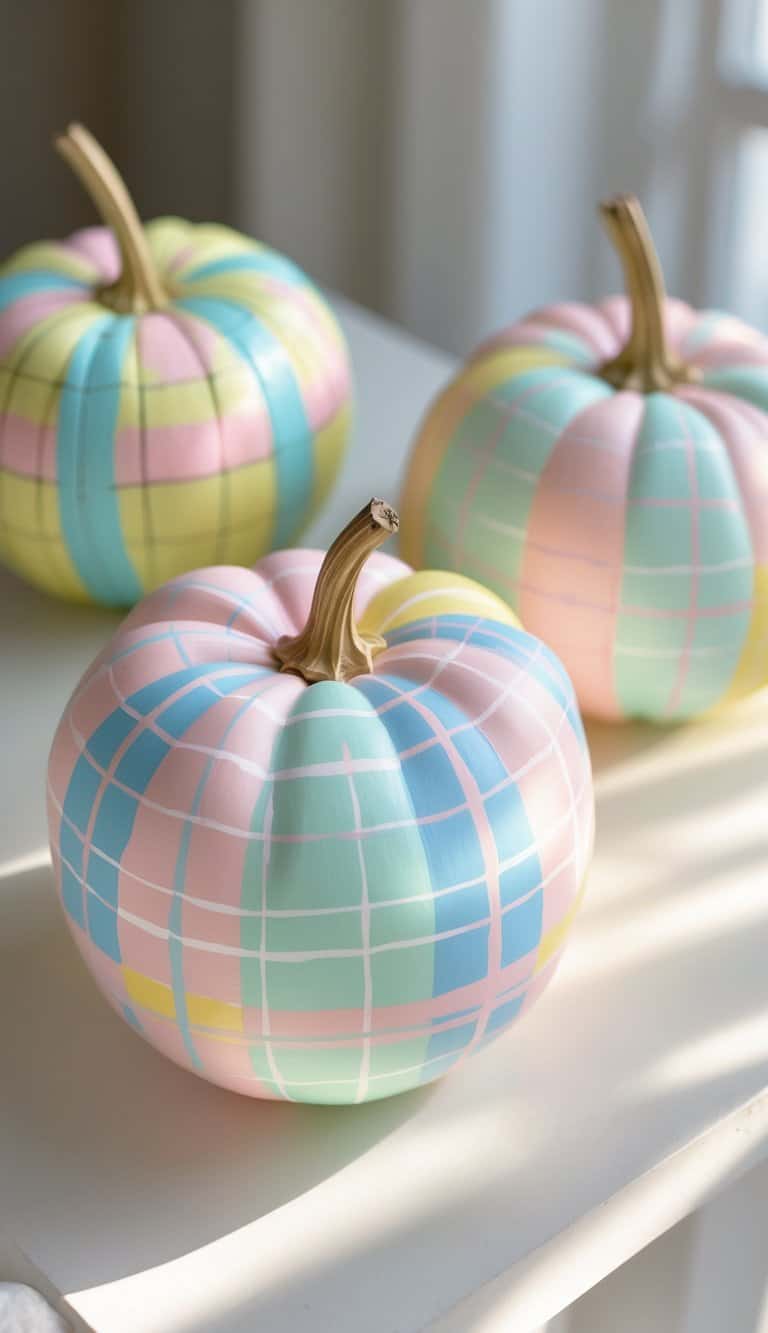 One to two pumpkins painted with pastel plaid patterns placed on a clean tabletop under soft daylight.