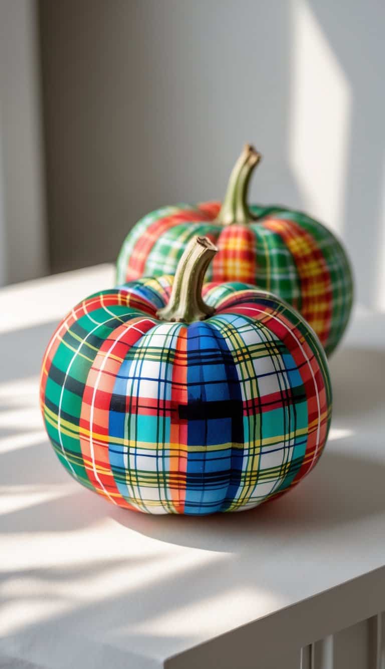 Close-up of one or two pumpkins painted with colorful plaid patterns on a tabletop with soft daylight and a clean background.