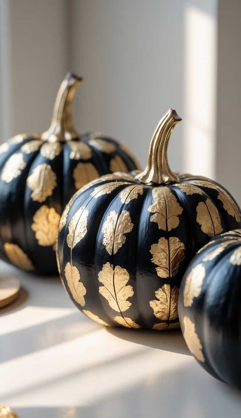 Close-up of one or two black pumpkins with gold leaf designs on a tabletop.