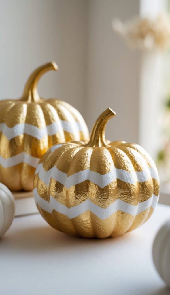Two decorative pumpkins painted gold with white zigzag stripes sit on a white surface, with a soft, blurred background.
