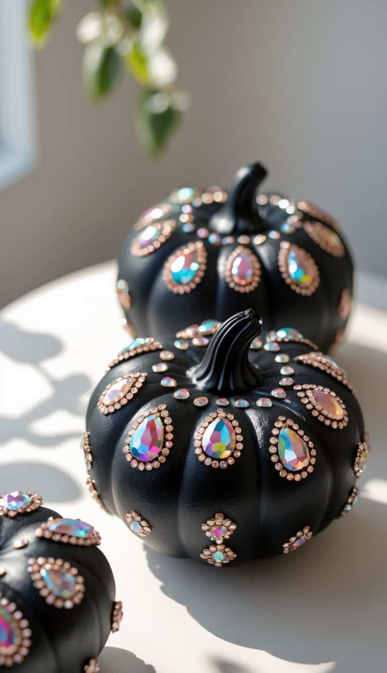 One or two black pumpkins decorated with rhinestones placed on a clean tabletop.