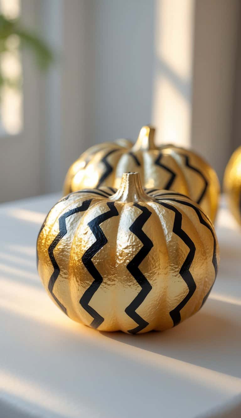 Close-up of one or two gold-painted pumpkins with black zig-zag patterns on a tabletop.