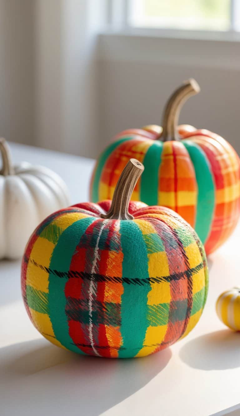 Close-up of one or two pumpkins painted with colorful plaid patterns on a clean tabletop.
