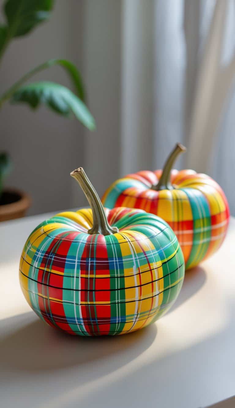 Close-up of one to two pumpkin halves painted with colorful plaid patterns placed on a tabletop.