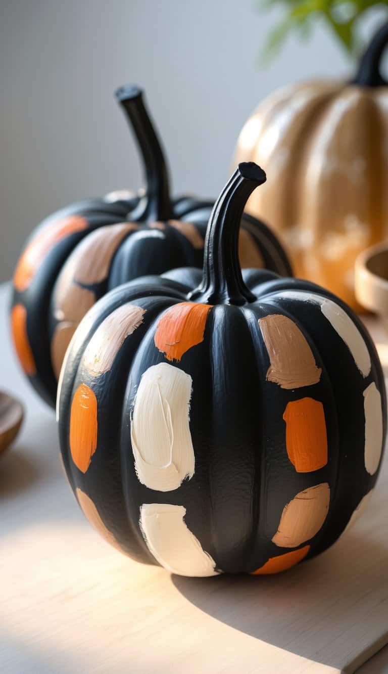 One or two black-painted pumpkins with colorful, playful designs on a wooden table in soft daylight.