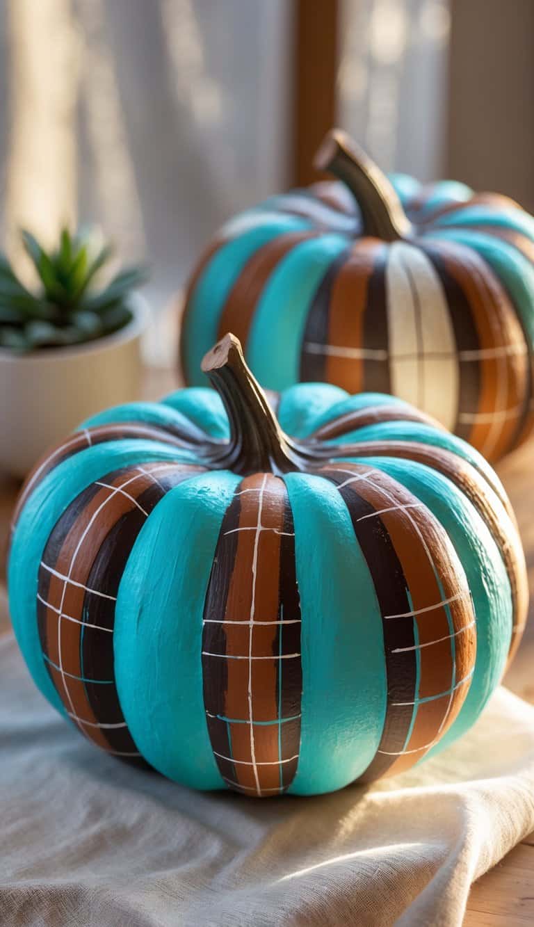 Close-up of one to two painted pumpkins with turquoise and brown plaid patterns on a tabletop.