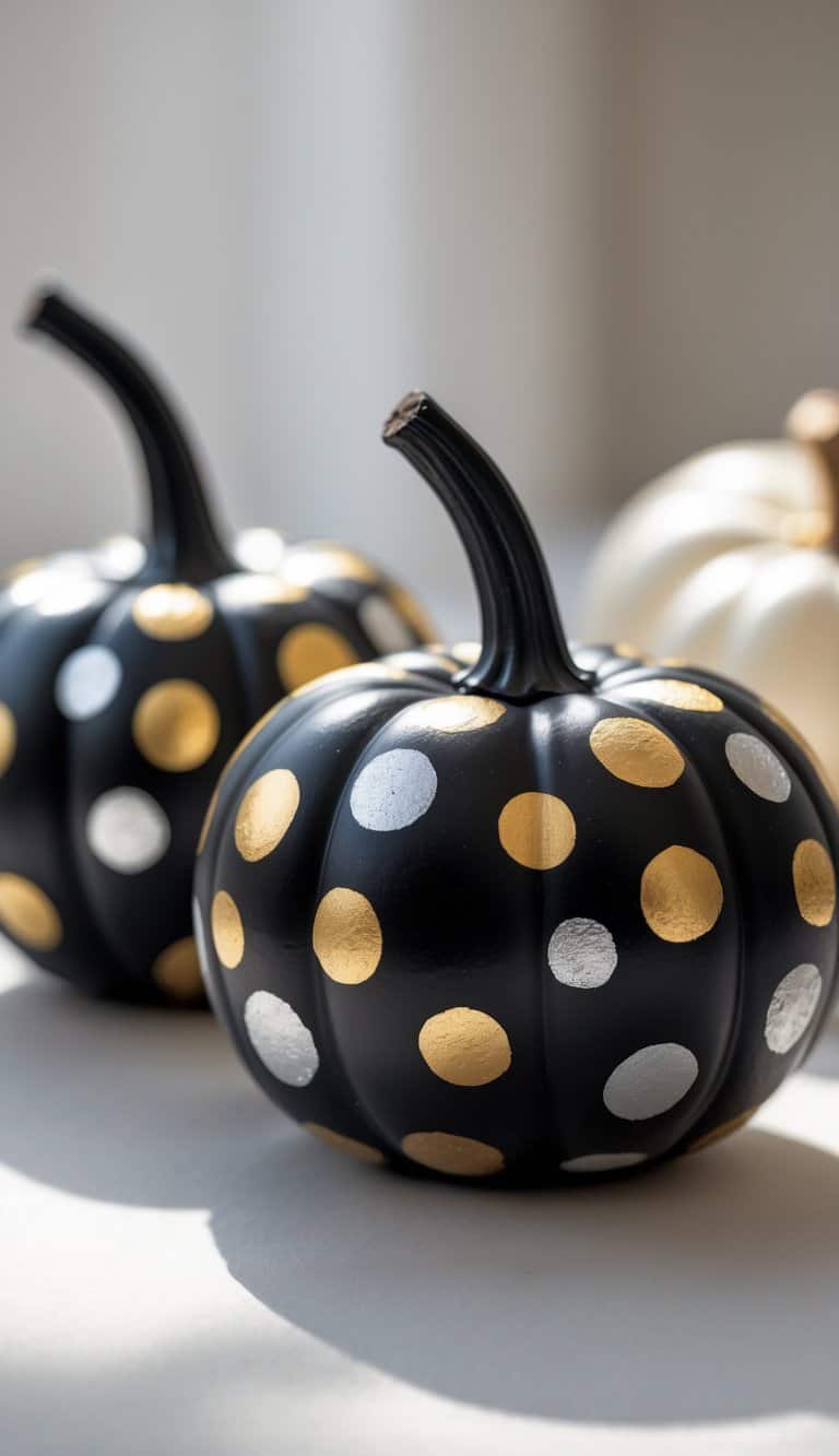 Close-up of one or two black pumpkins painted with metallic polka dots on a simple tabletop.