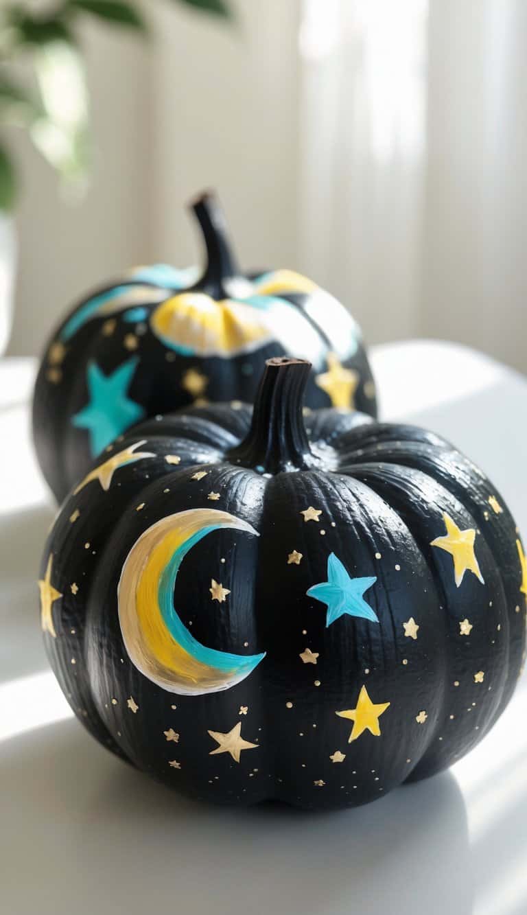 One or two black pumpkins painted with colorful moon and stars designs on a tabletop.
