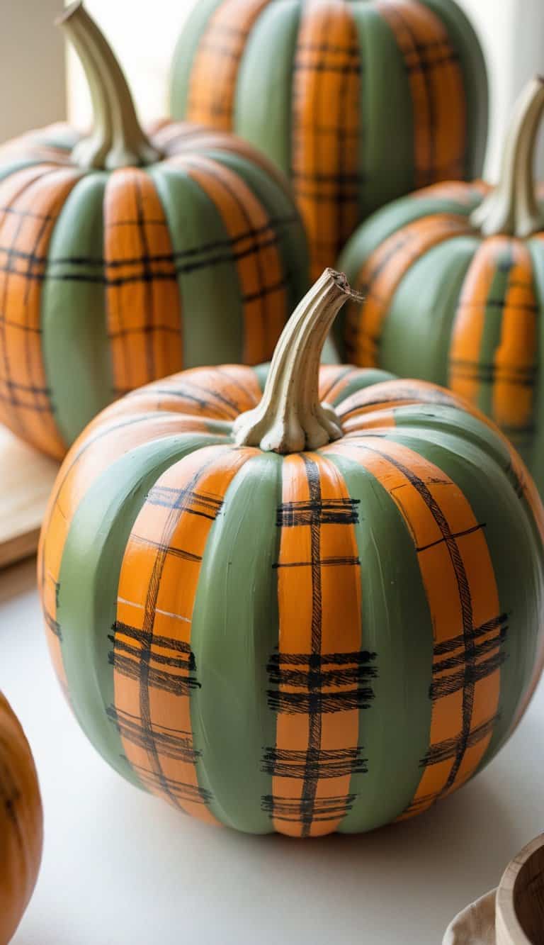 Close-up of one or two pumpkins painted with orange and olive green plaid patterns on a plain tabletop.