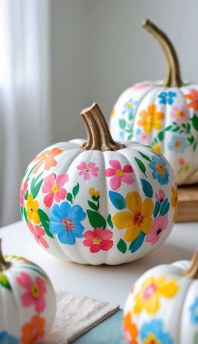 One or two white pumpkins on a table, decorated with colorful hand-painted flowers.