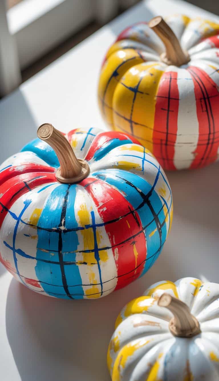 Close-up of one to two painted pumpkins on a tabletop with colorful plaid patterns.
