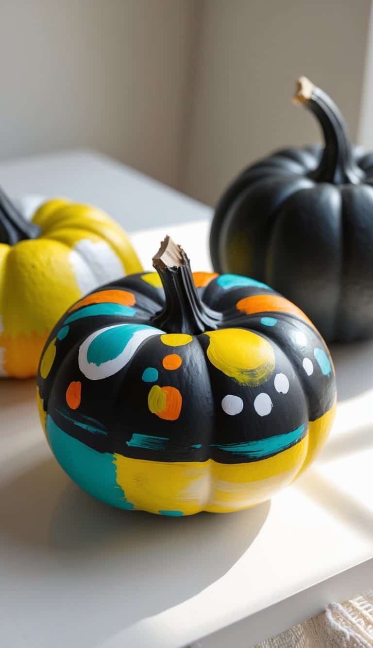 Close-up of one to two black painted pumpkins with colorful, playful designs on a clean tabletop.