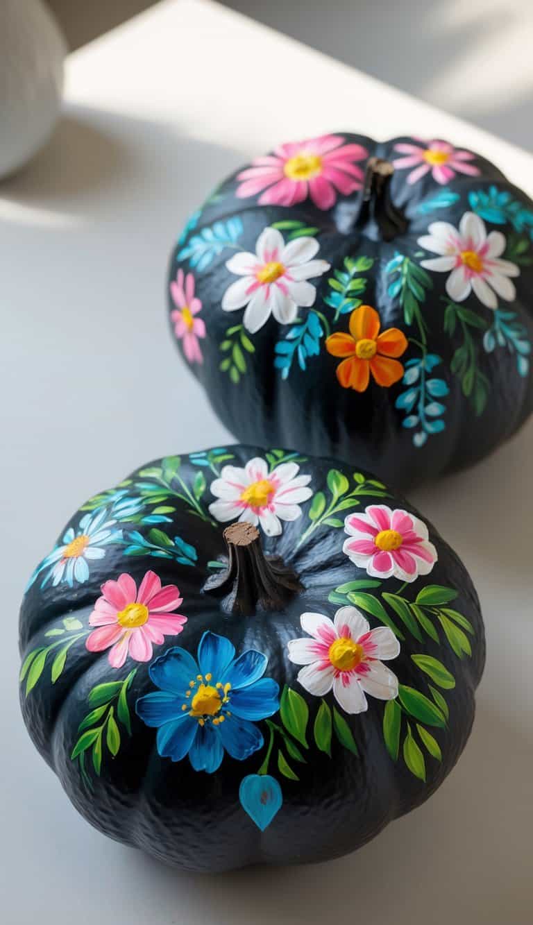 One to two dark pumpkins on a table, decorated with colorful floral paintings in bright hues.