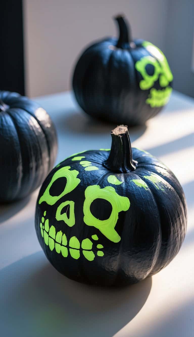 One to two black pumpkins painted with colorful skull faces on a clean tabletop.