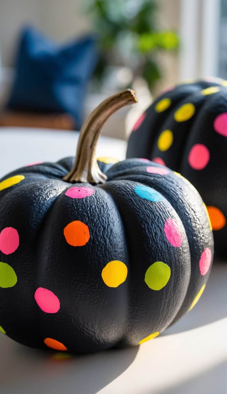 Close-up of one or two black pumpkins painted with colorful confetti dots on a clean tabletop.