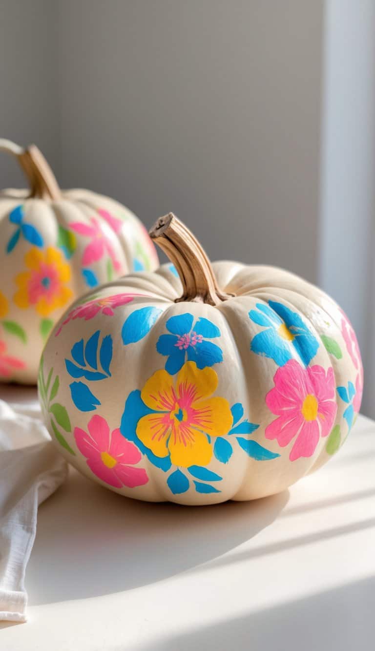 One to two neutral pumpkins on a tabletop painted with colorful floral patterns, photographed up close with soft natural light.