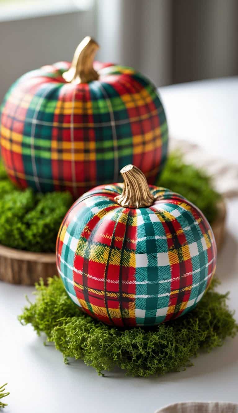 Close-up of one to two brightly painted plaid pumpkins on a tabletop with faux moss around their bases.