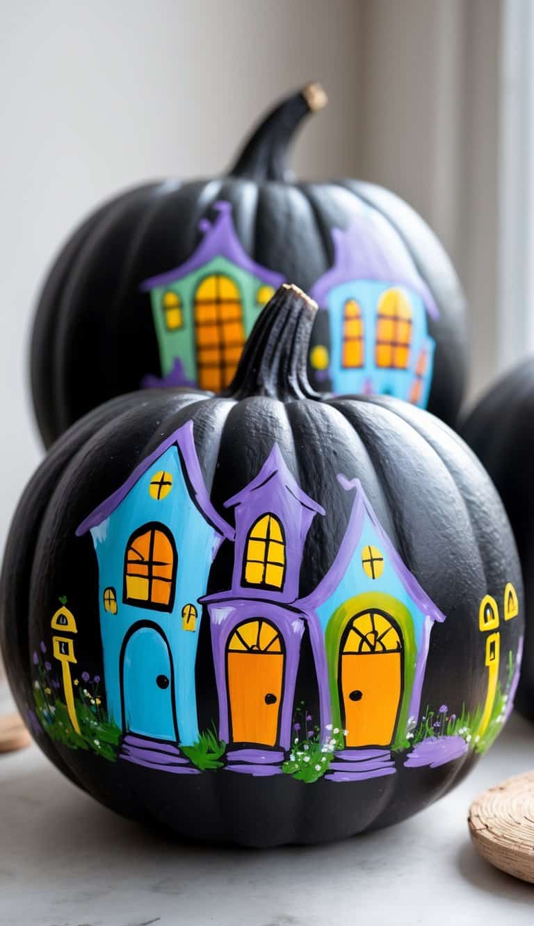 One to two black pumpkins painted with colorful haunted house scenes on a clean tabletop.