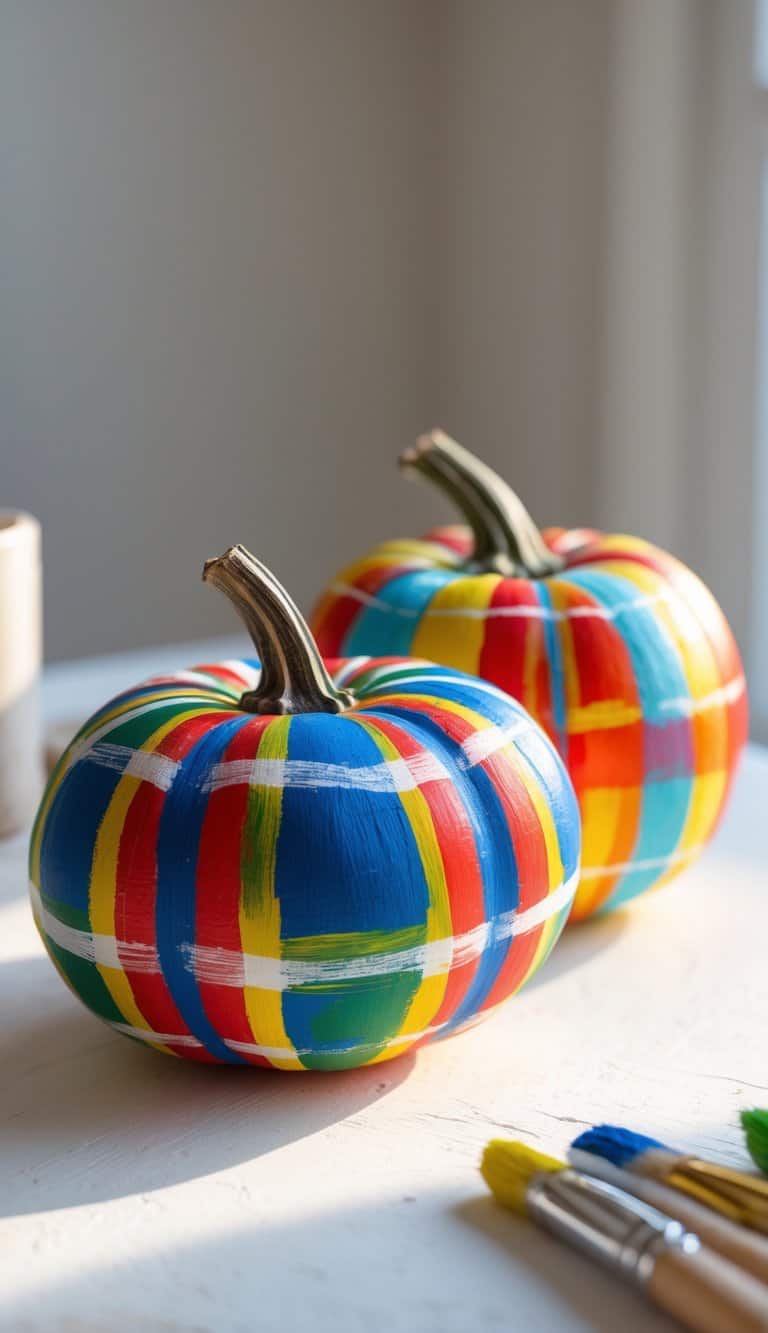 Close-up of one to two small pumpkins painted with colorful plaid patterns on a clean tabletop.