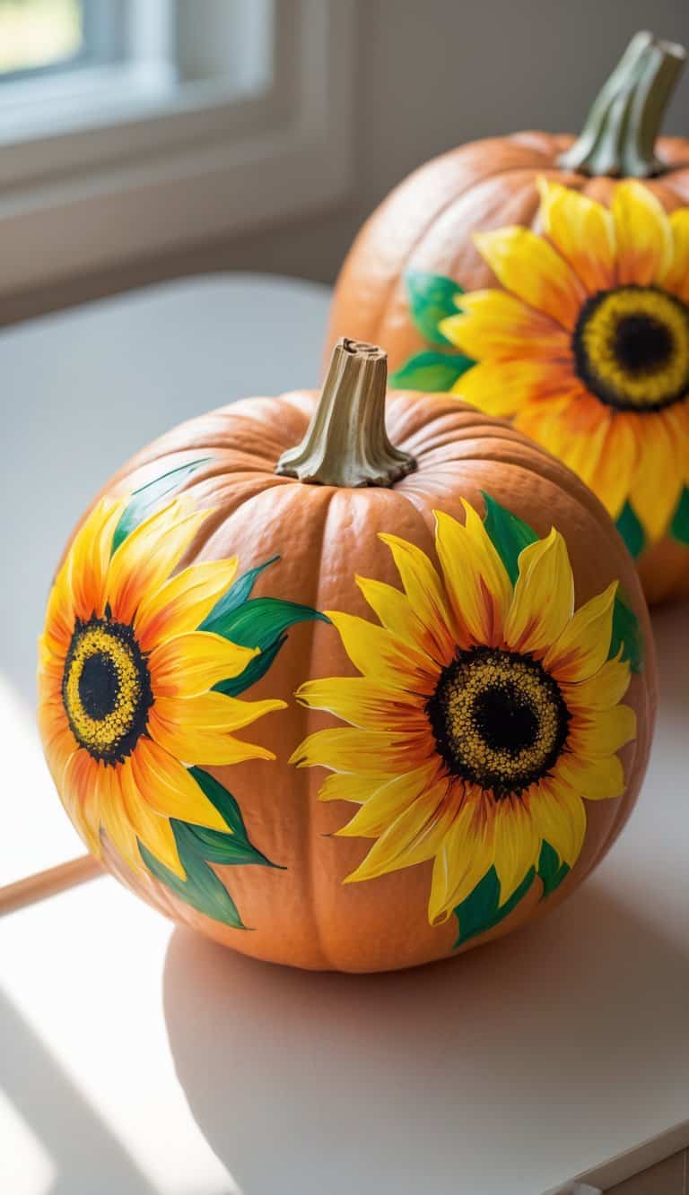 Close-up of one to two pumpkins painted with bright sunflowers, placed on a tabletop with soft natural light.